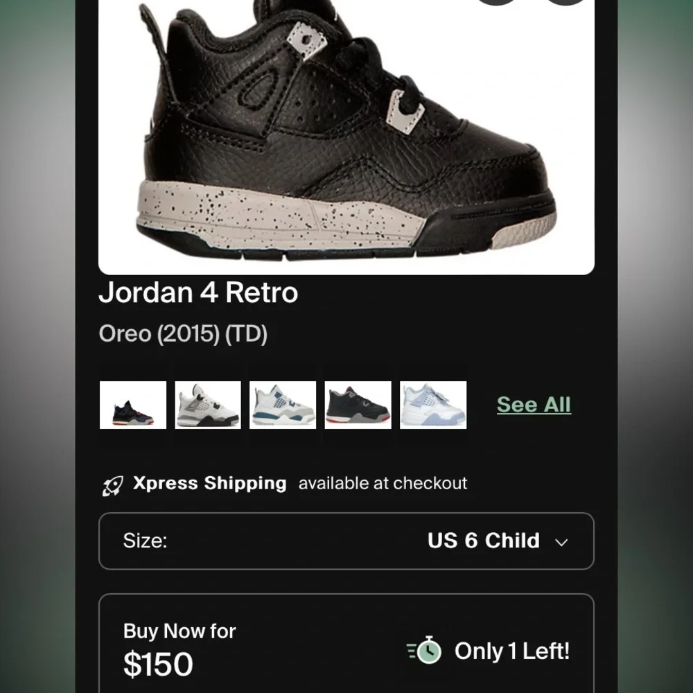 Jordan Retro 4 Oreo baby Sneakers Black and grey